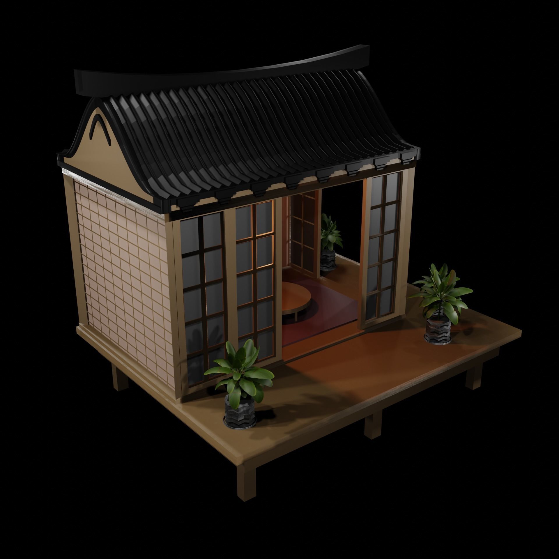Japanese Garden Structure Teahouse Viewing Pavilions with plants Low-poly 3D model_1