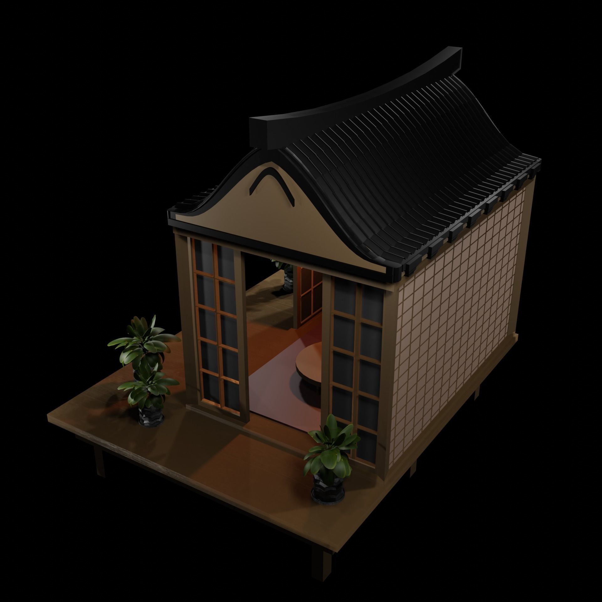 Japanese Garden Structure Teahouse Viewing Pavilions with plants Low-poly 3D model_7