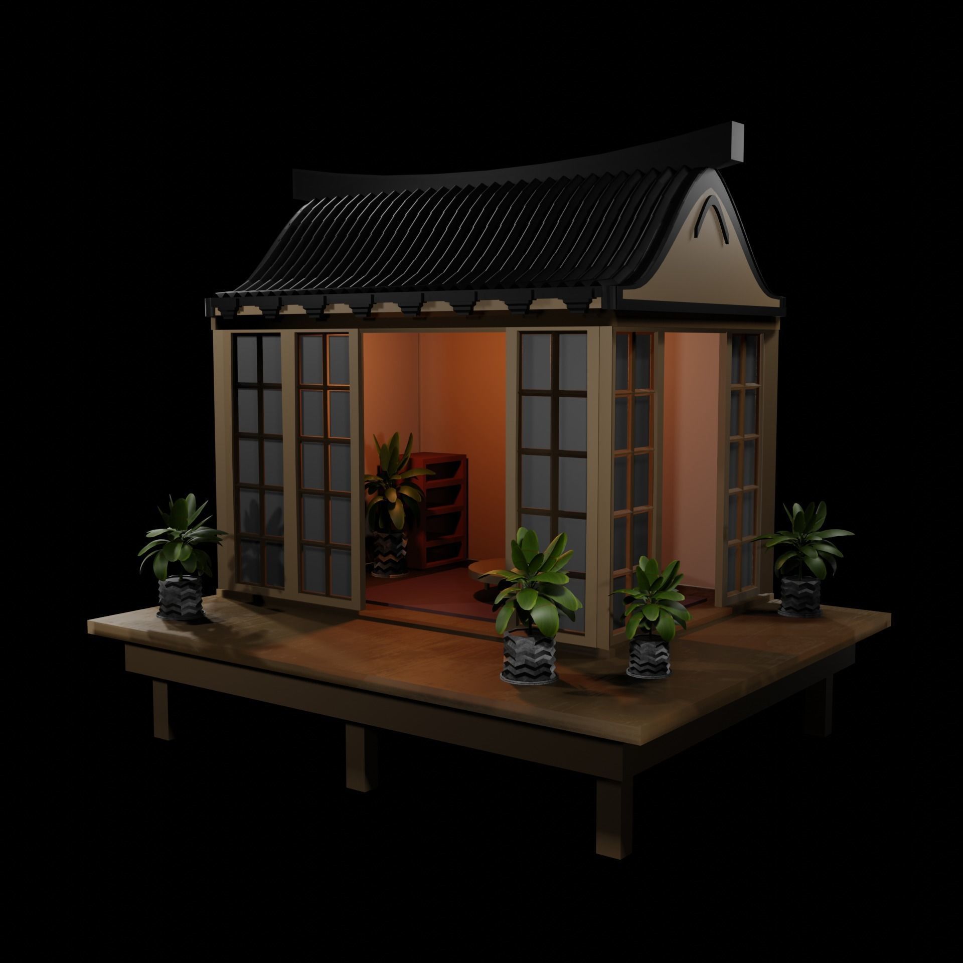 Japanese Garden Structure Teahouse Viewing Pavilions with plants Low-poly 3D model_9