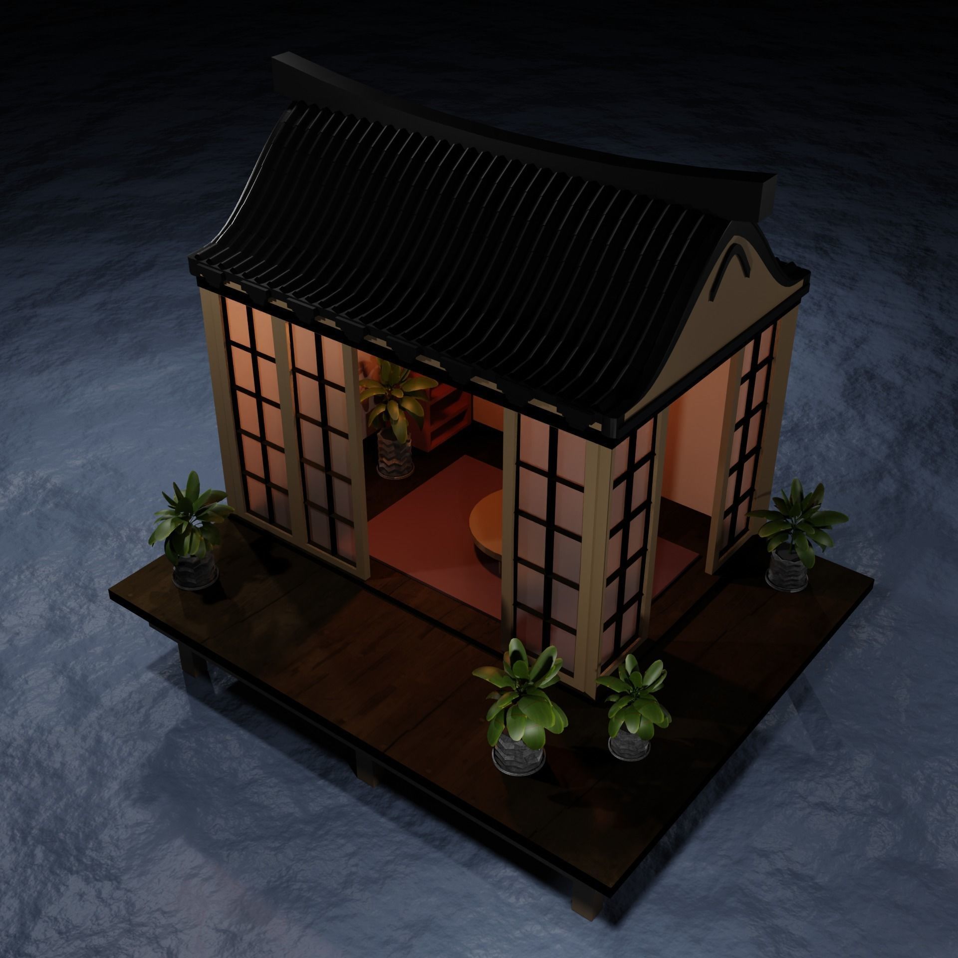 Japanese Garden Structure Teahouse Viewing Pavilions with plants Low-poly 3D model_5