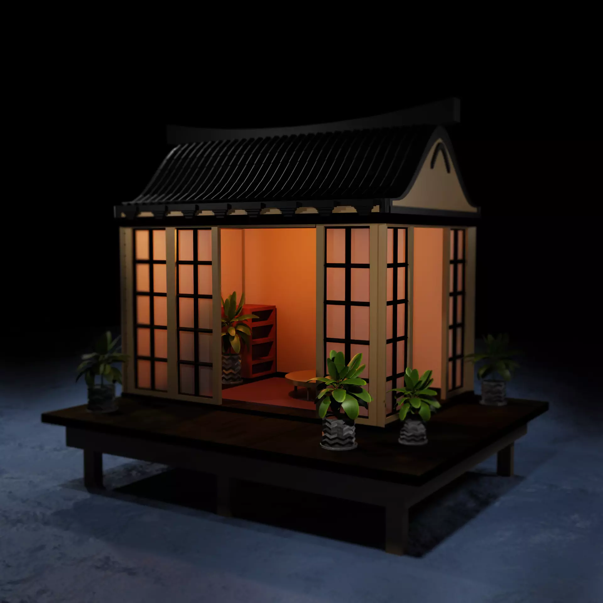 Japanese Garden Structure Teahouse Viewing Pavilions with plants Low-poly 3D model_0