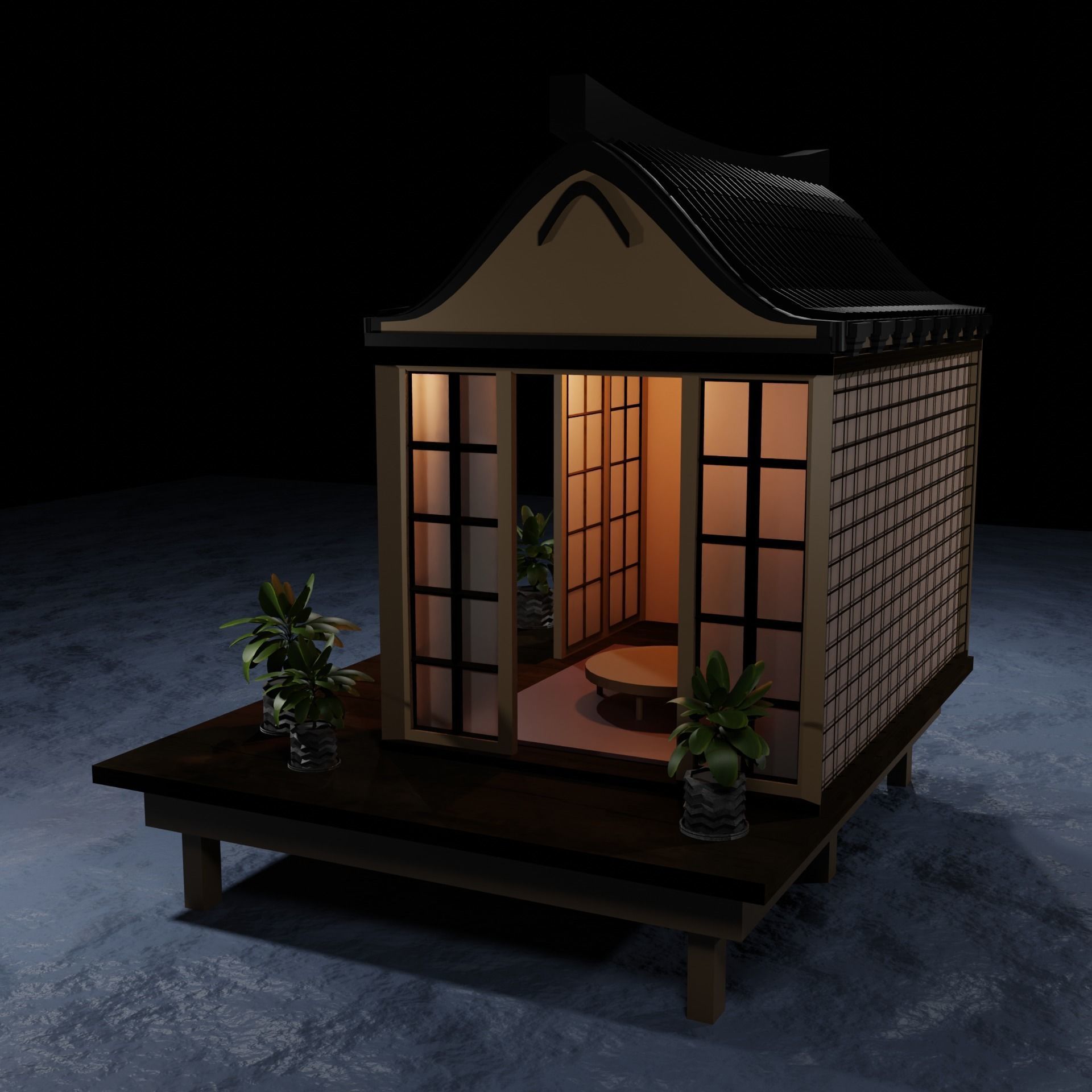 Japanese Garden Structure Teahouse Viewing Pavilions with plants Low-poly 3D model_4