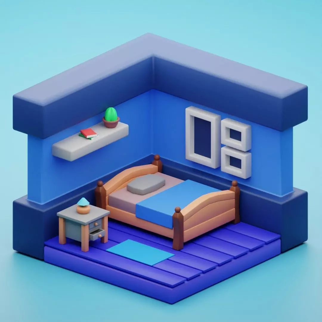 Low poly isometric bedroom Free low-poly 3D model_0