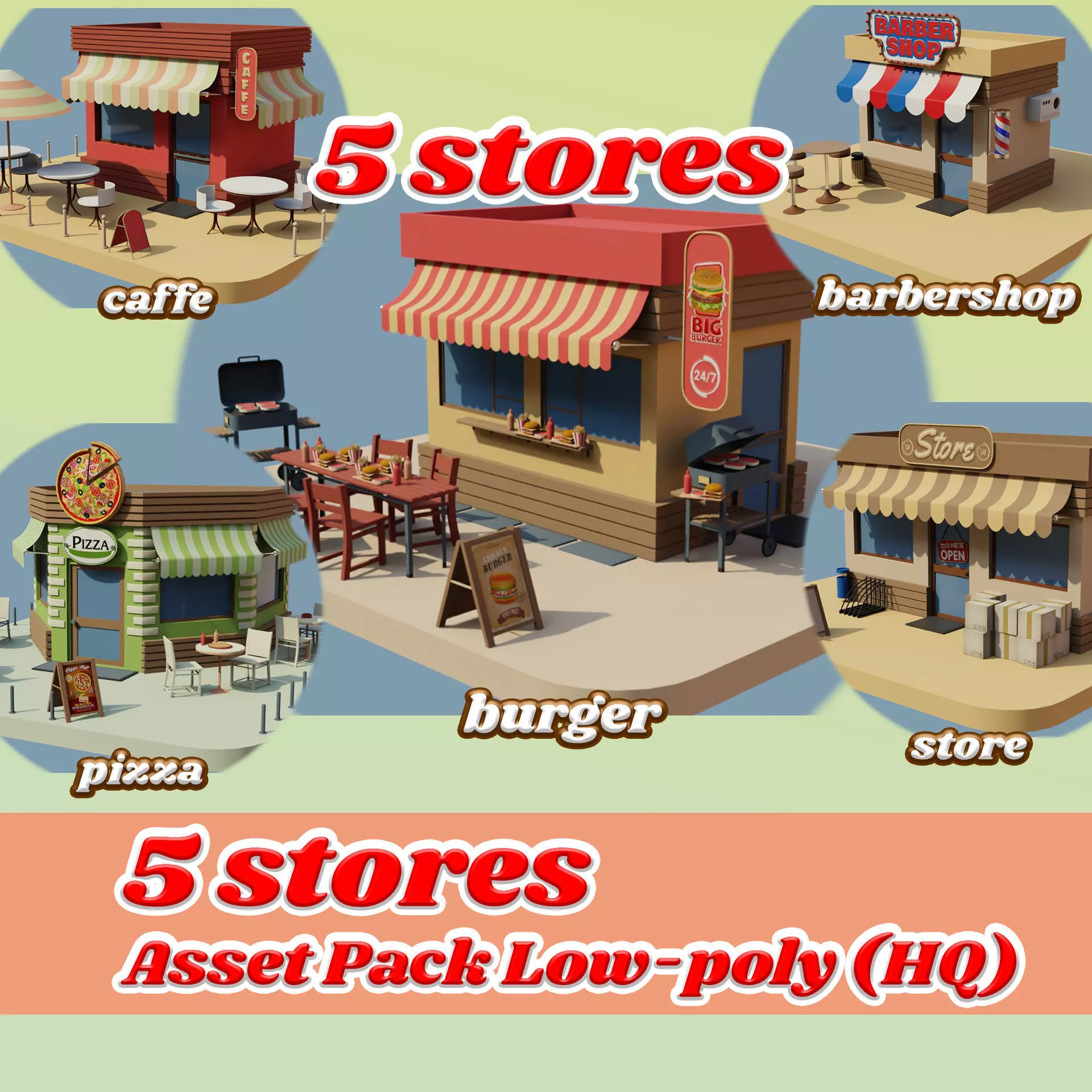 Five Stores of High Quality Low-poly 3D model_0