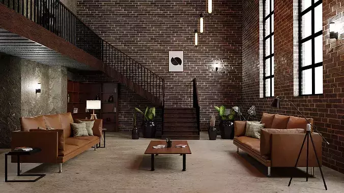 industrial living room 3D model 2