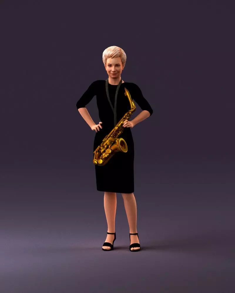 001108 woman in black dress with saxophone 3D model