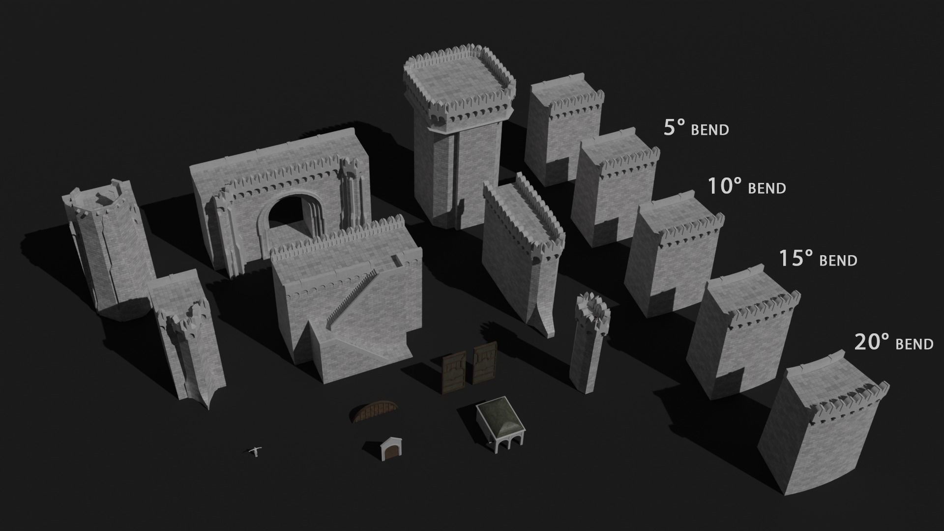Modular castle walls - 17 pieces with 1 trim sheet texture Low-poly 3D model_1