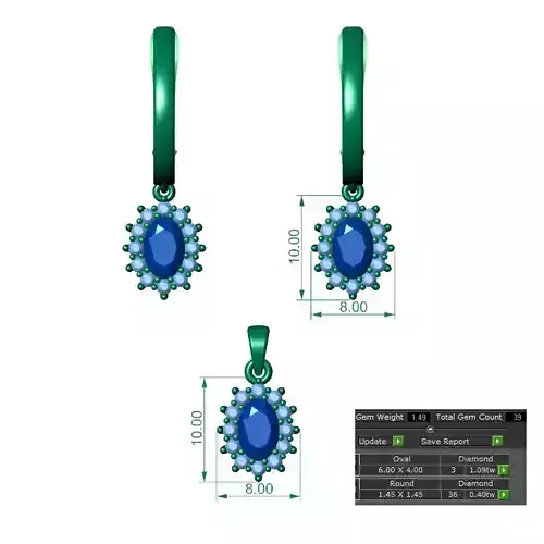 Pendant Set sapphire earring with measurements