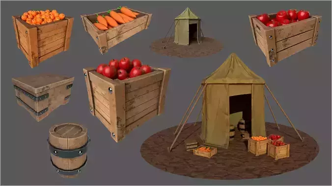 Stylized Medieval Market Tent and Food Crates Low-poly 3D model