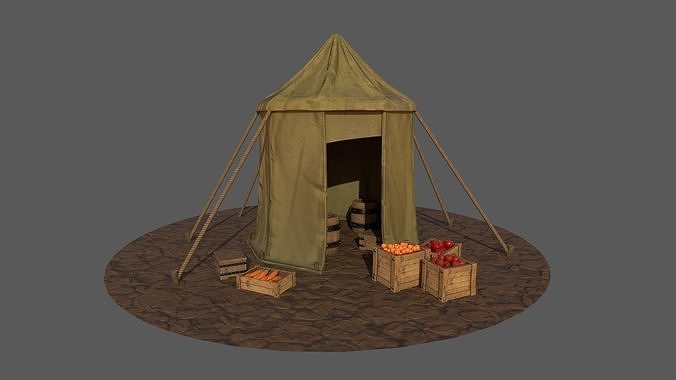 Stylized Medieval Market Tent and Food Crates Low-poly 3D model 2
