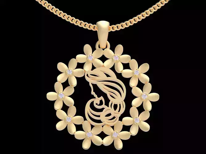 Girl flower pendant  gold 3D printable jewelry model