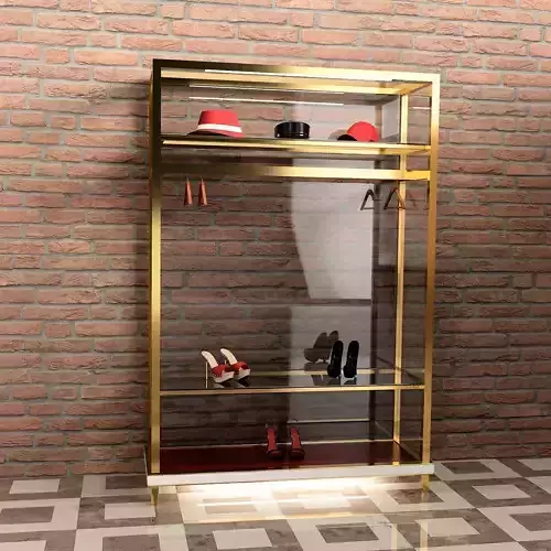 Shop showcase with hanging bar and shelves