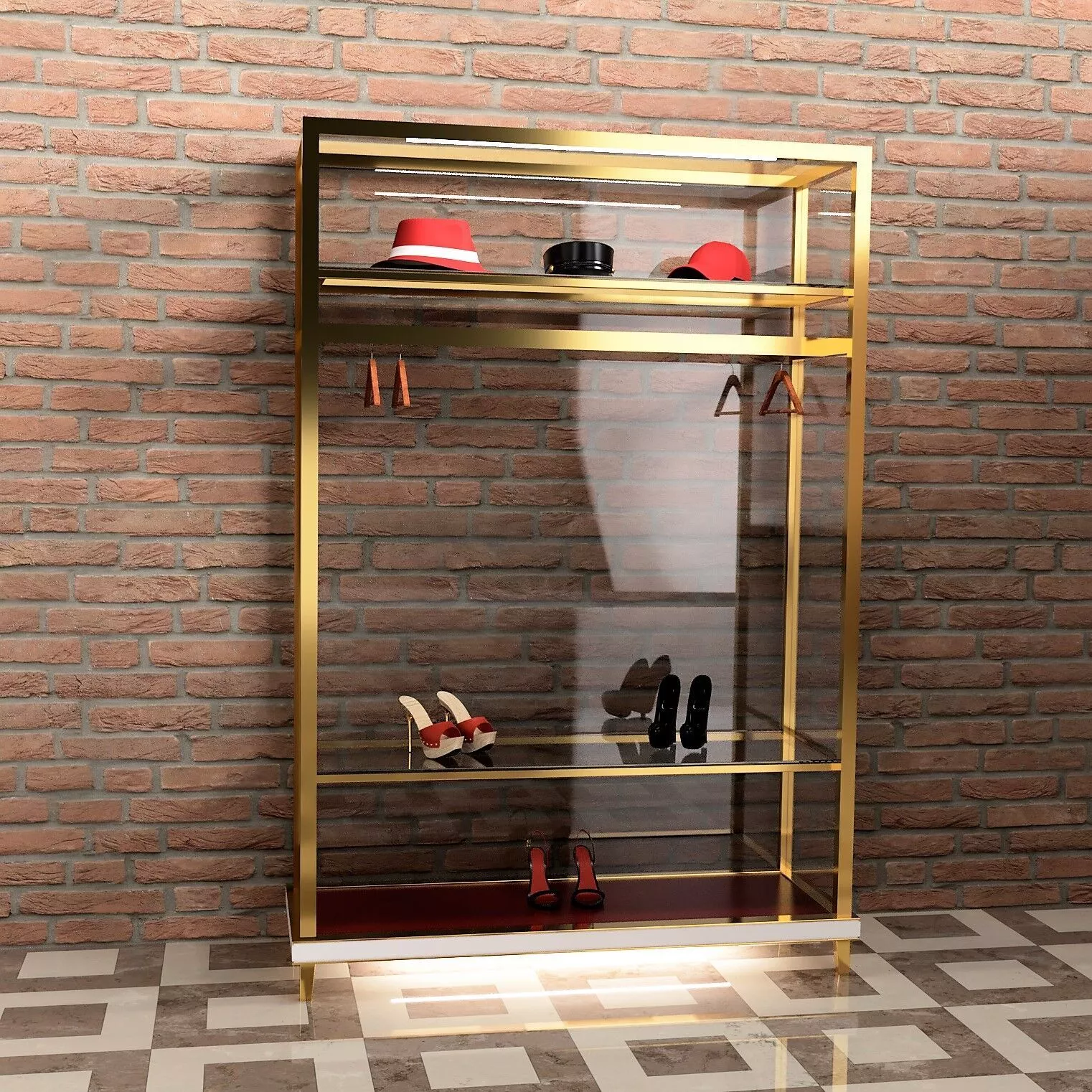 Shop showcase with hanging bar and shelves 3D model
