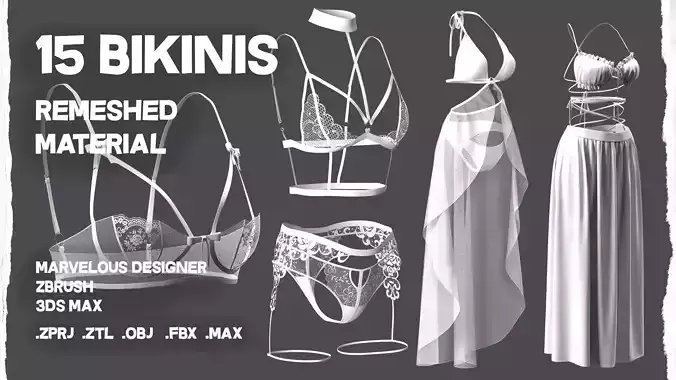 15 women bikinis and underwear Low-poly 3D model