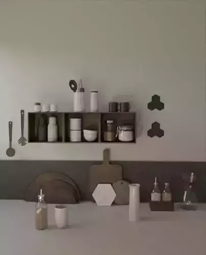 Crockery kitchen with shelves and utensils