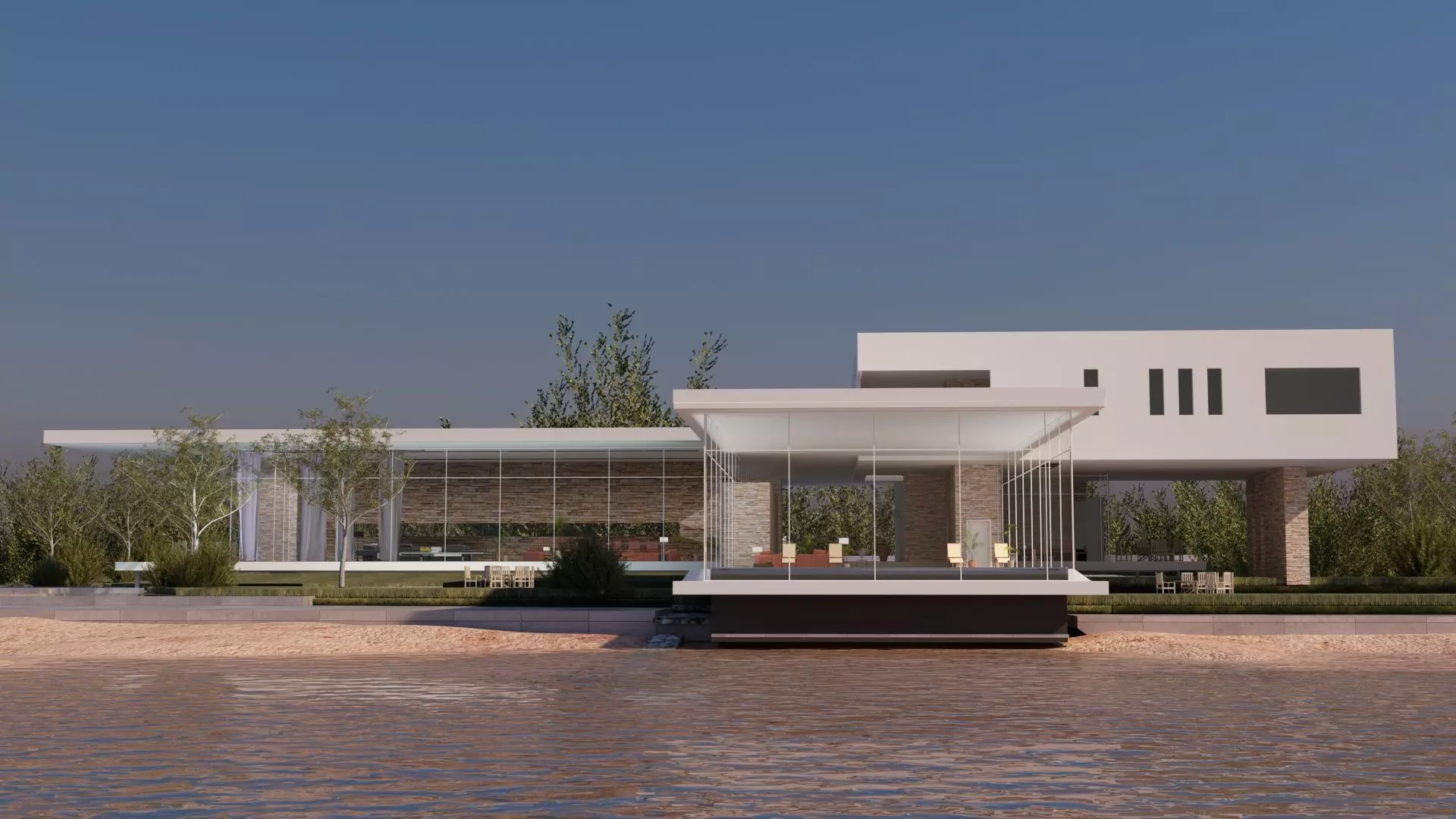 Modern beach villa Revit - 3ds max with interior and 3d grass 3D model_0