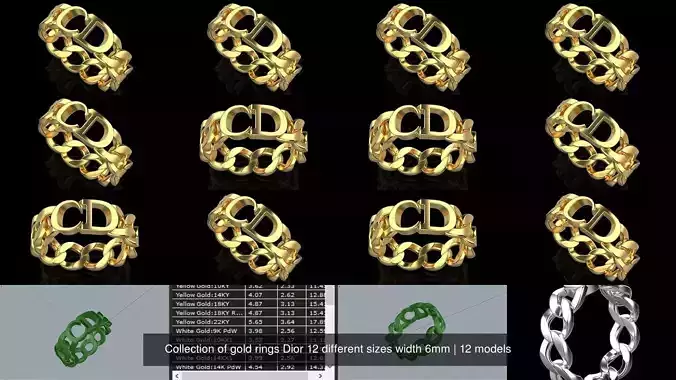 Collection of gold rings Dior 12 different sizes width 6mm 