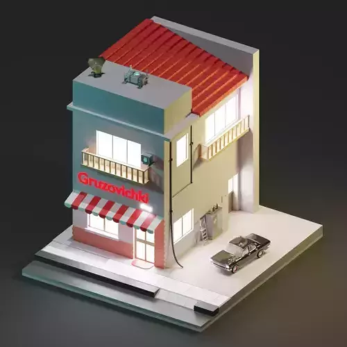 A shop building with car Low-poly 3D model