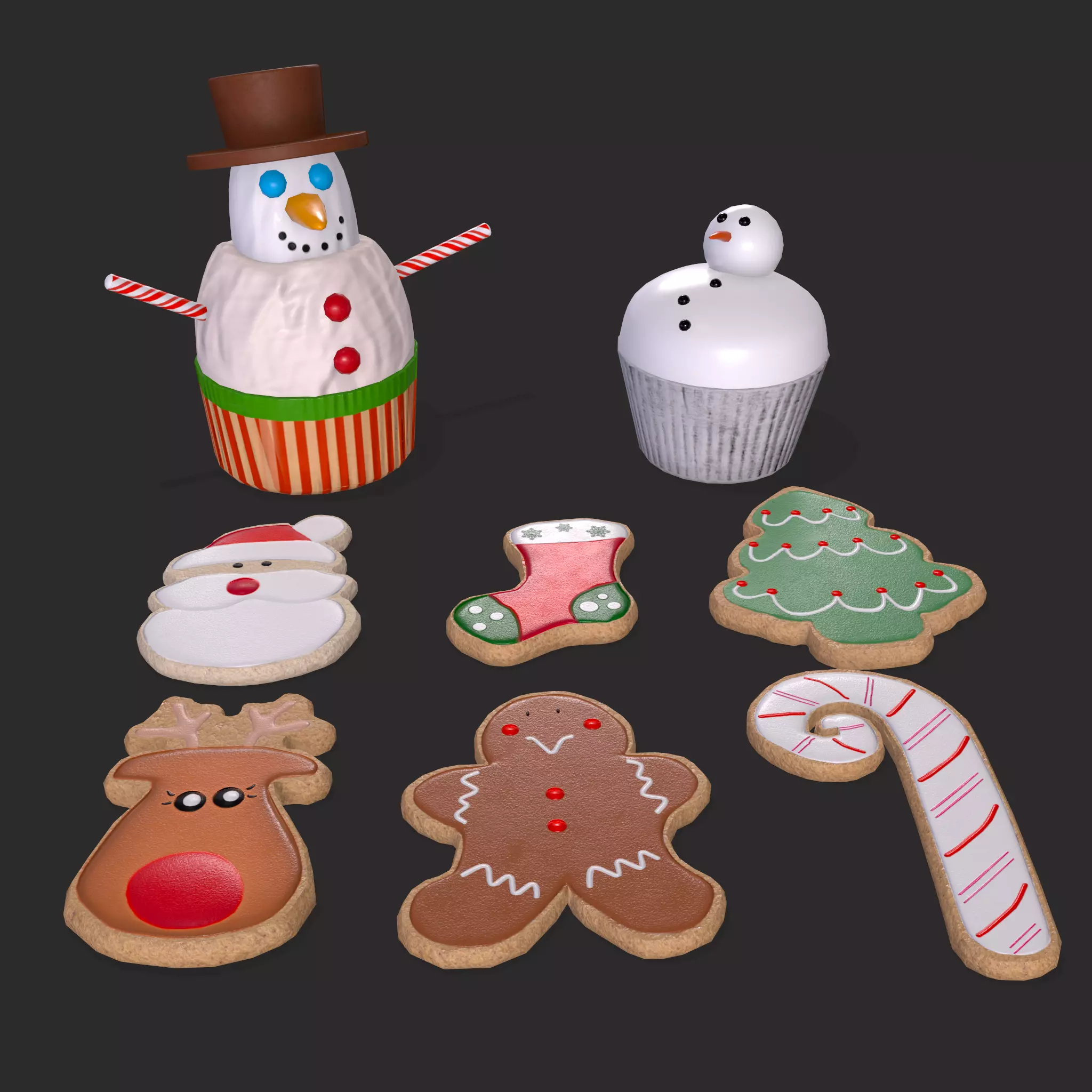 Snowman Cupcakes and Christmas Cookies 3D Model Collection_0
