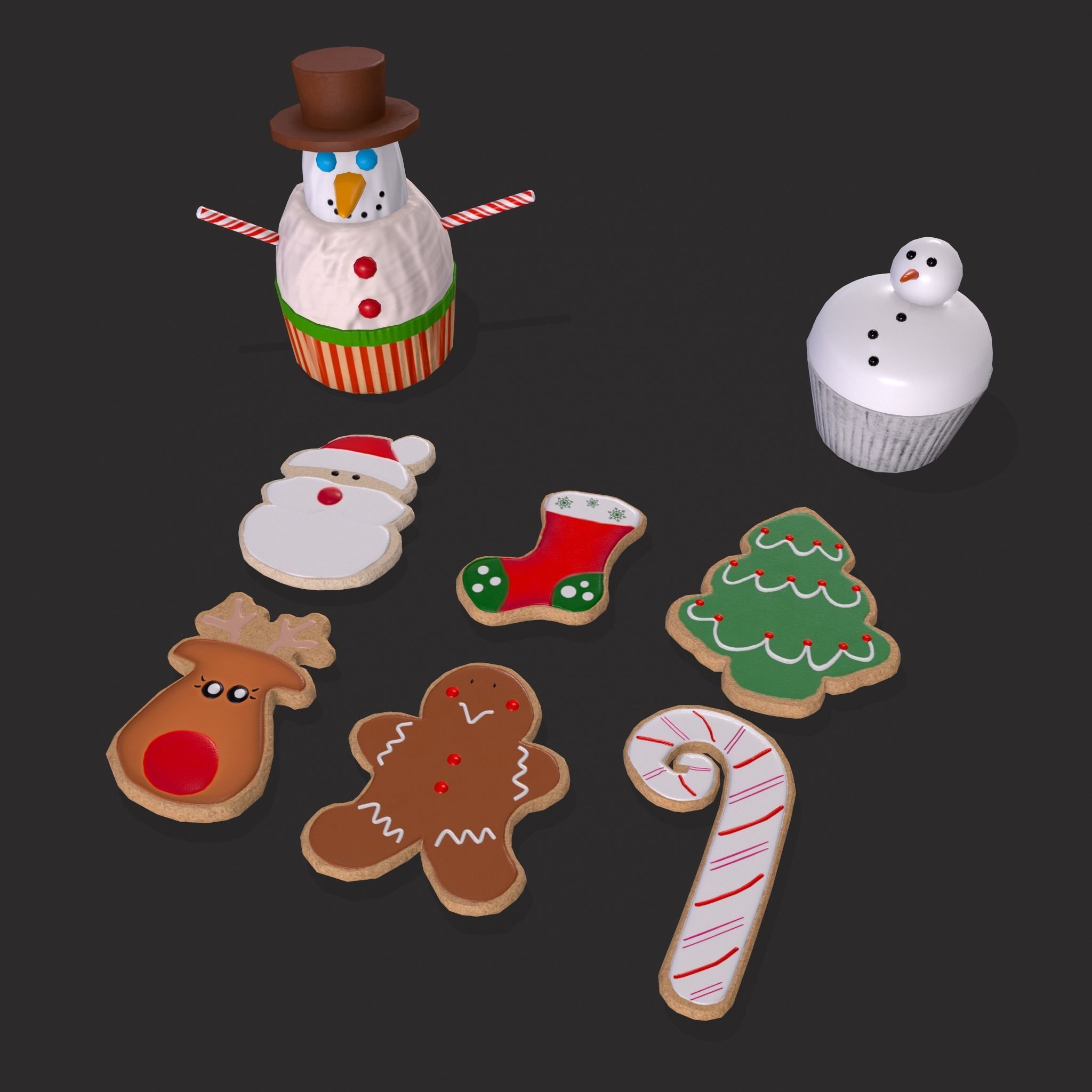Snowman Cupcakes and Christmas Cookies 3D Model Collection_4