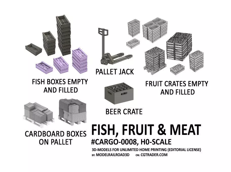 CARGO-0008 Fish Fruit and Meat boxes H0-scale 23 items 3D print model_0