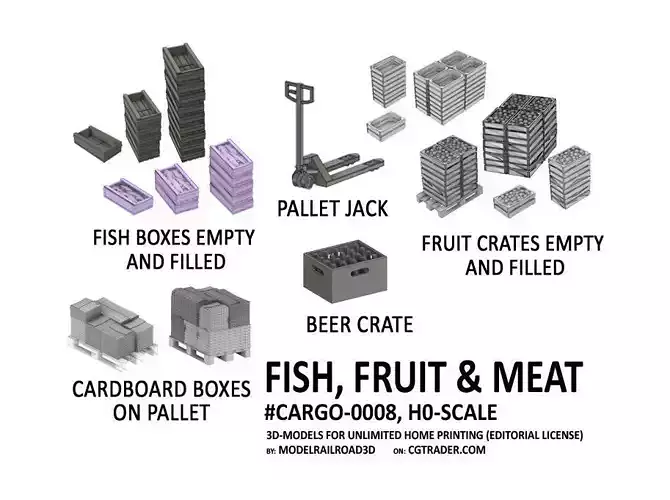 CARGO-0008 Fish Fruit and Meat boxes H0-scale 23 items 3D print model