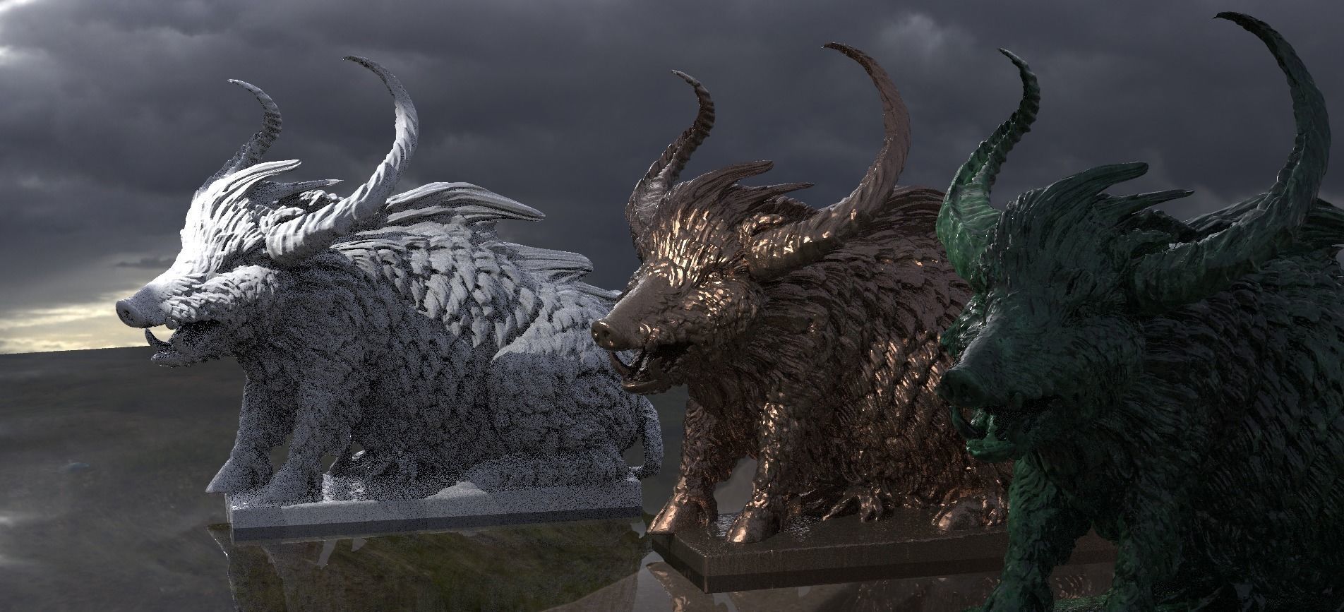 Horned Wild Boar Statue 3D model_1