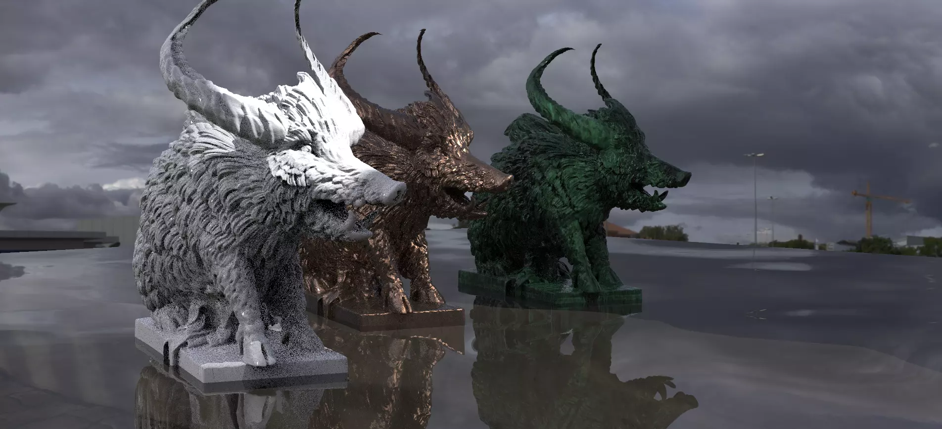 Horned Wild Boar Statue 3D model_0