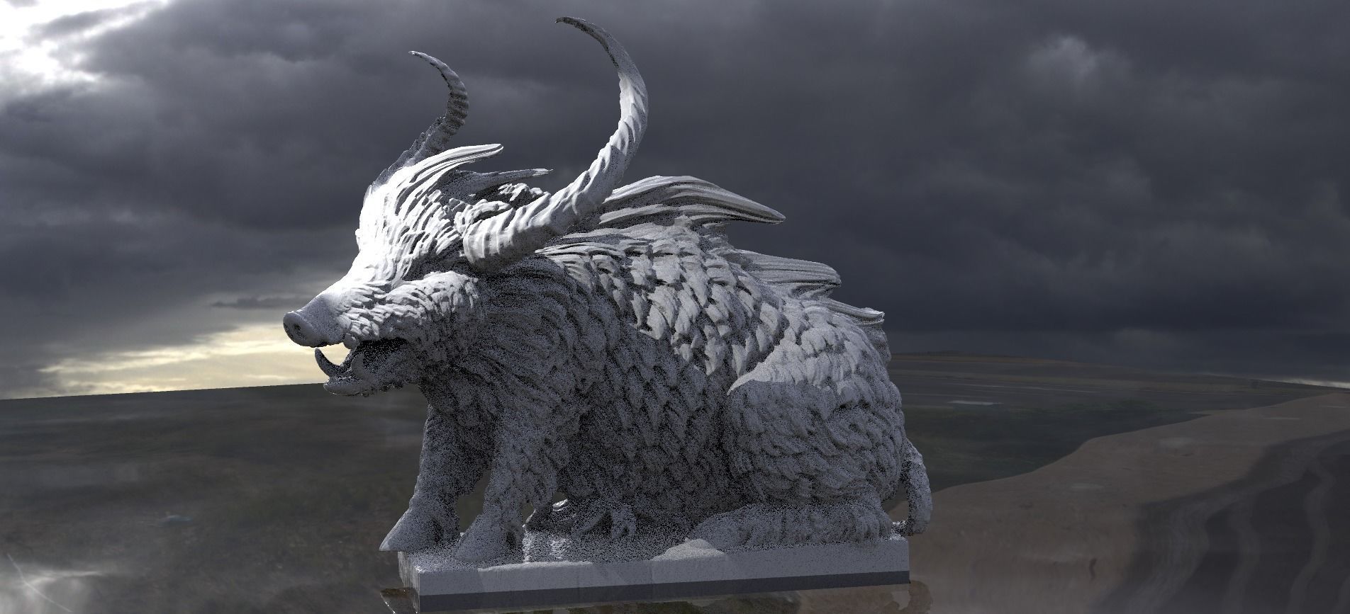 Horned Wild Boar Statue 3D model_2