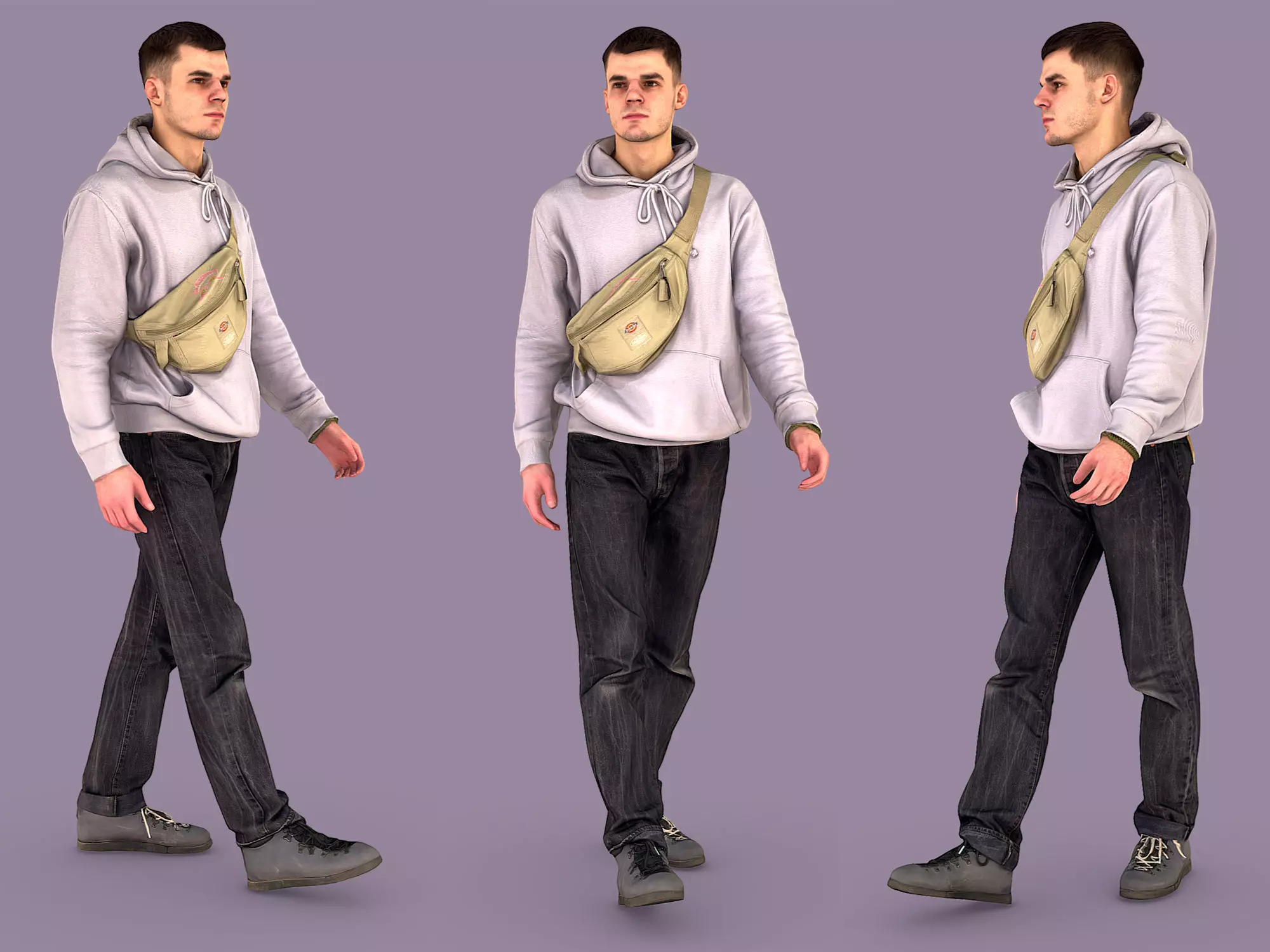 Guy in Lilac Hoodie Is Walking 3D model_0