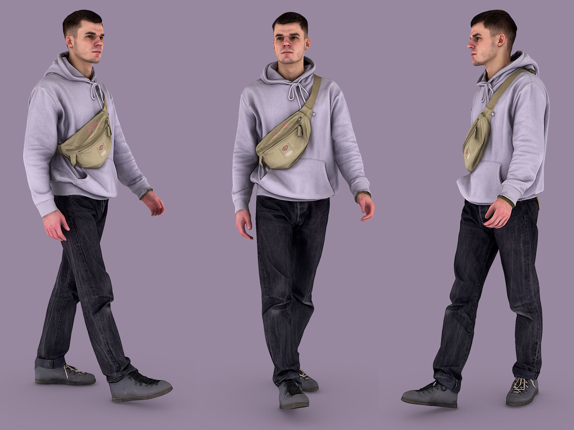 Guy in Lilac Hoodie Is Walking 3D model_1