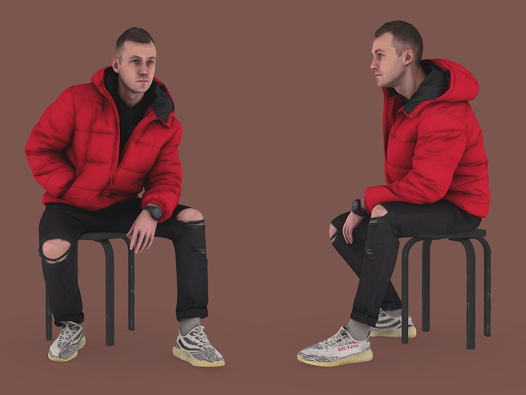 Handsome Guy in Jeans with Torn Knees Sitting 3D model_1