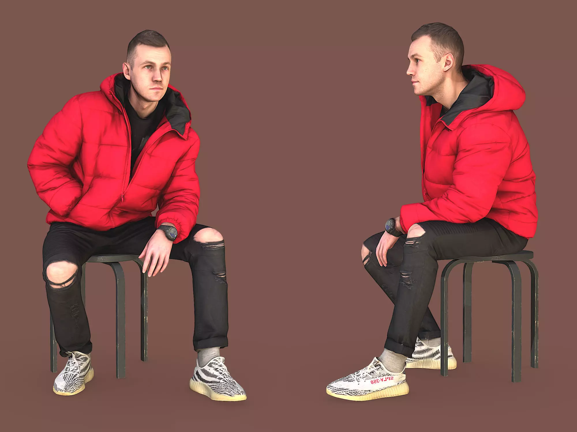 Handsome Guy in Jeans with Torn Knees Sitting 3D model_0