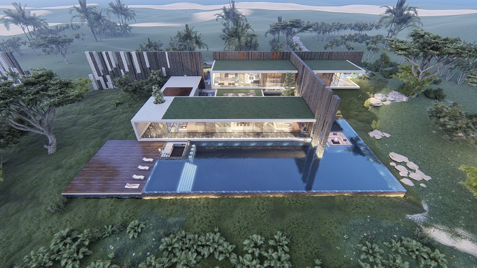 Modern beach house with interior and 3d grass 3D model_13