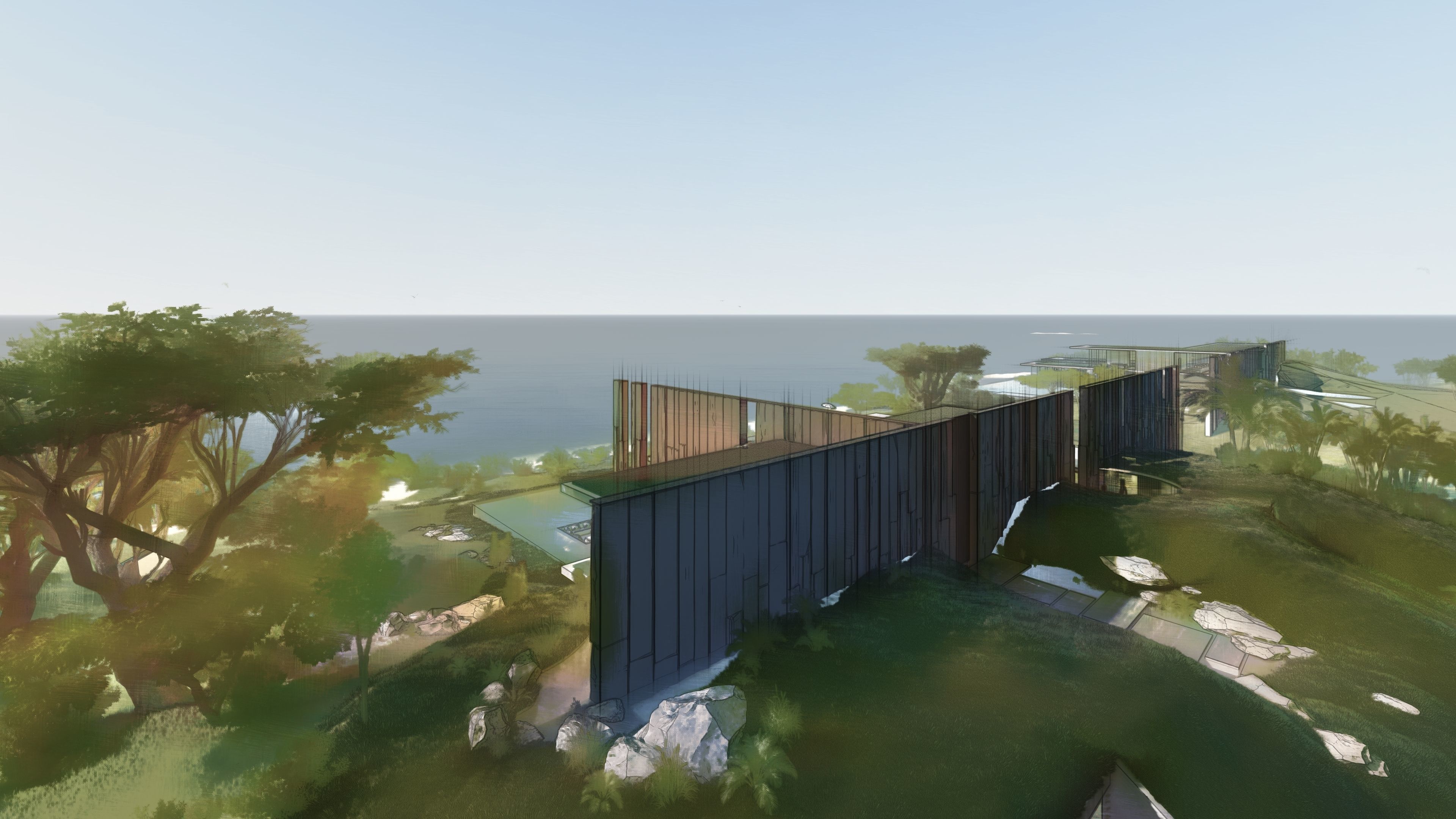 Modern beach house with interior and 3d grass 3D model_10