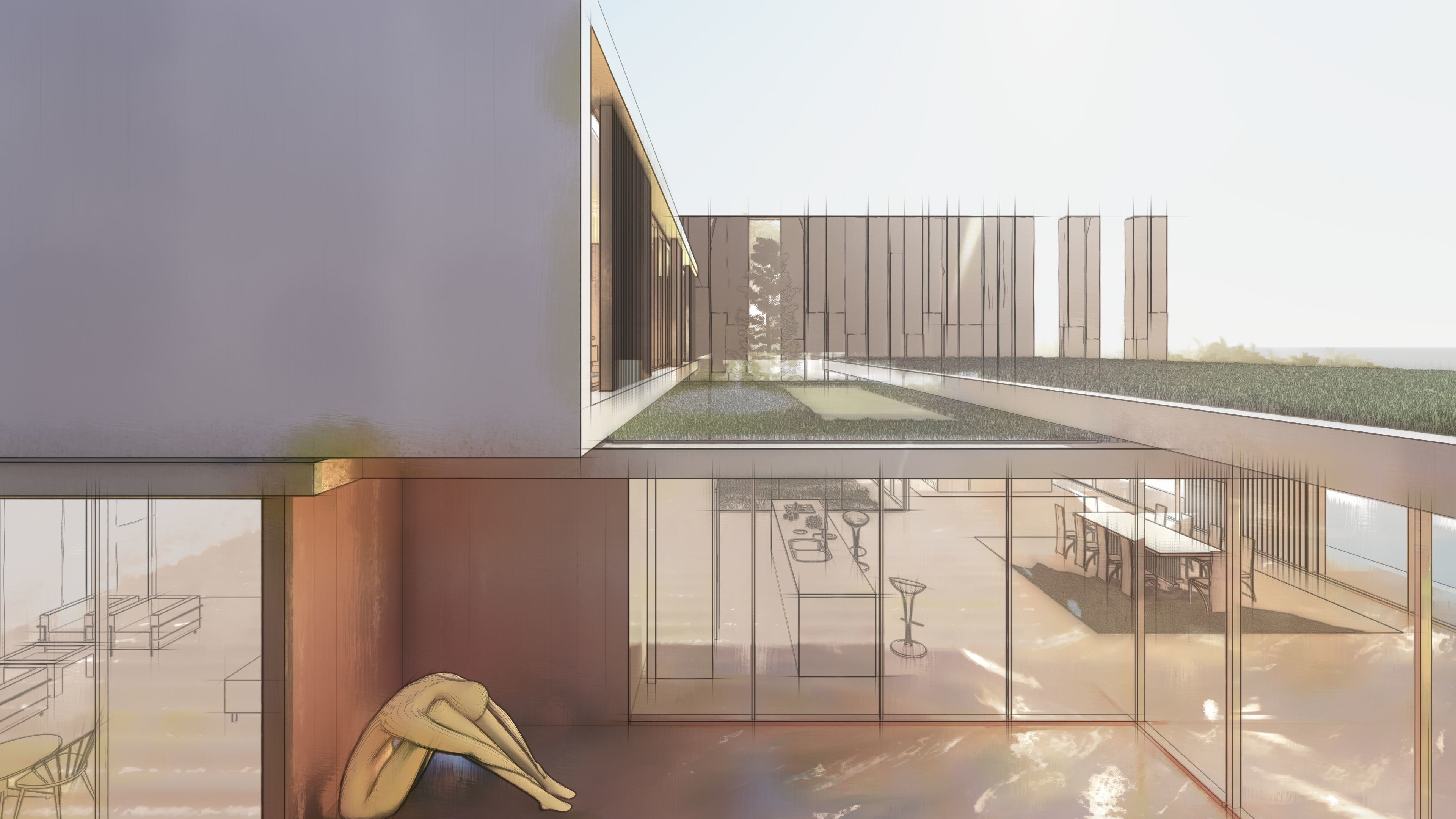 Modern beach house with interior and 3d grass 3D model_24