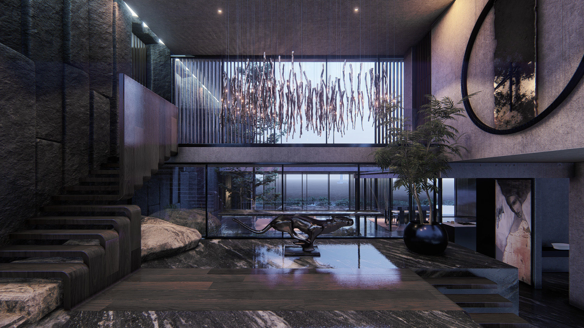 Modern beach house with interior and 3d grass 3D model_4