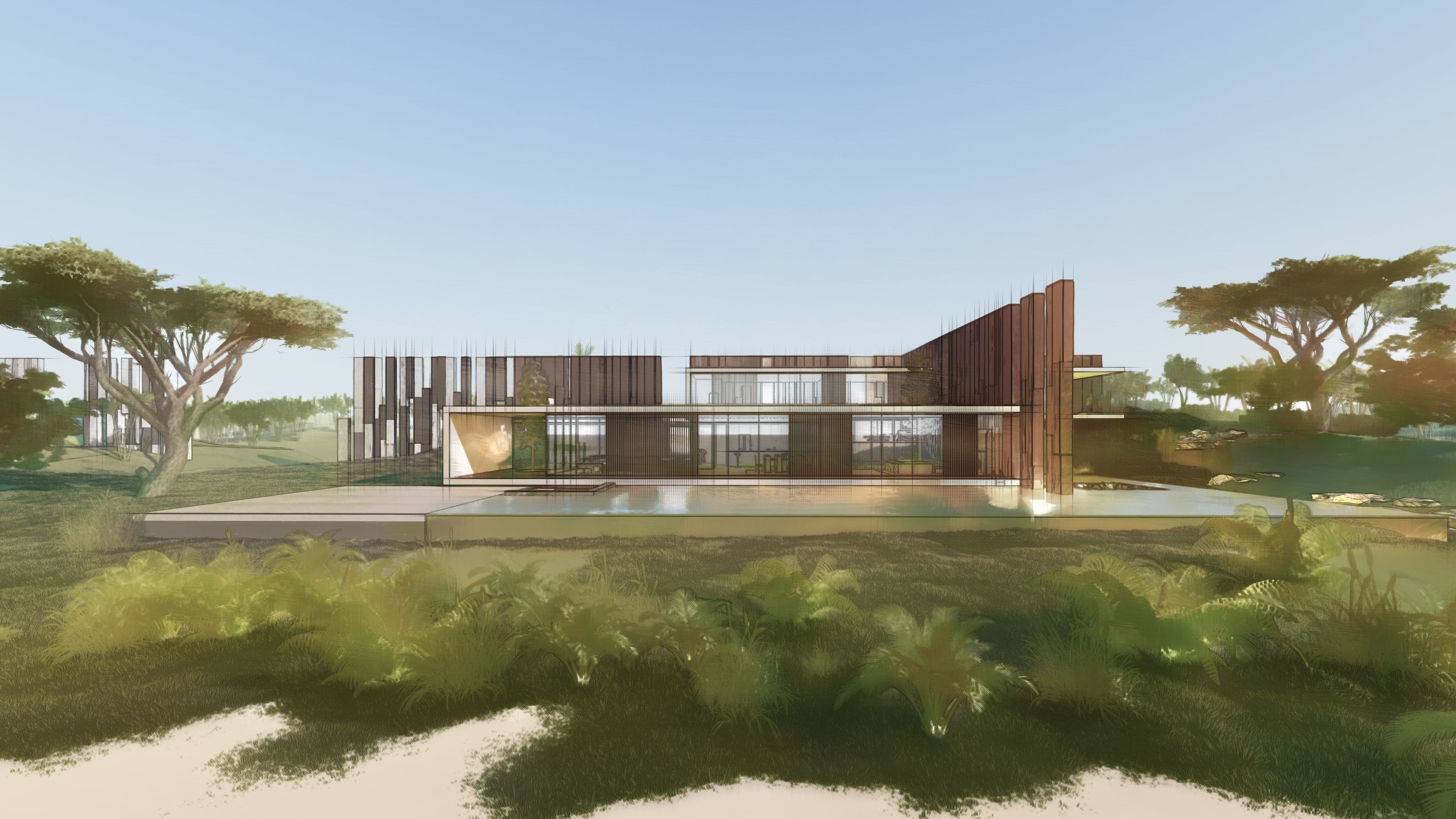 Modern beach house with interior and 3d grass 3D model_22