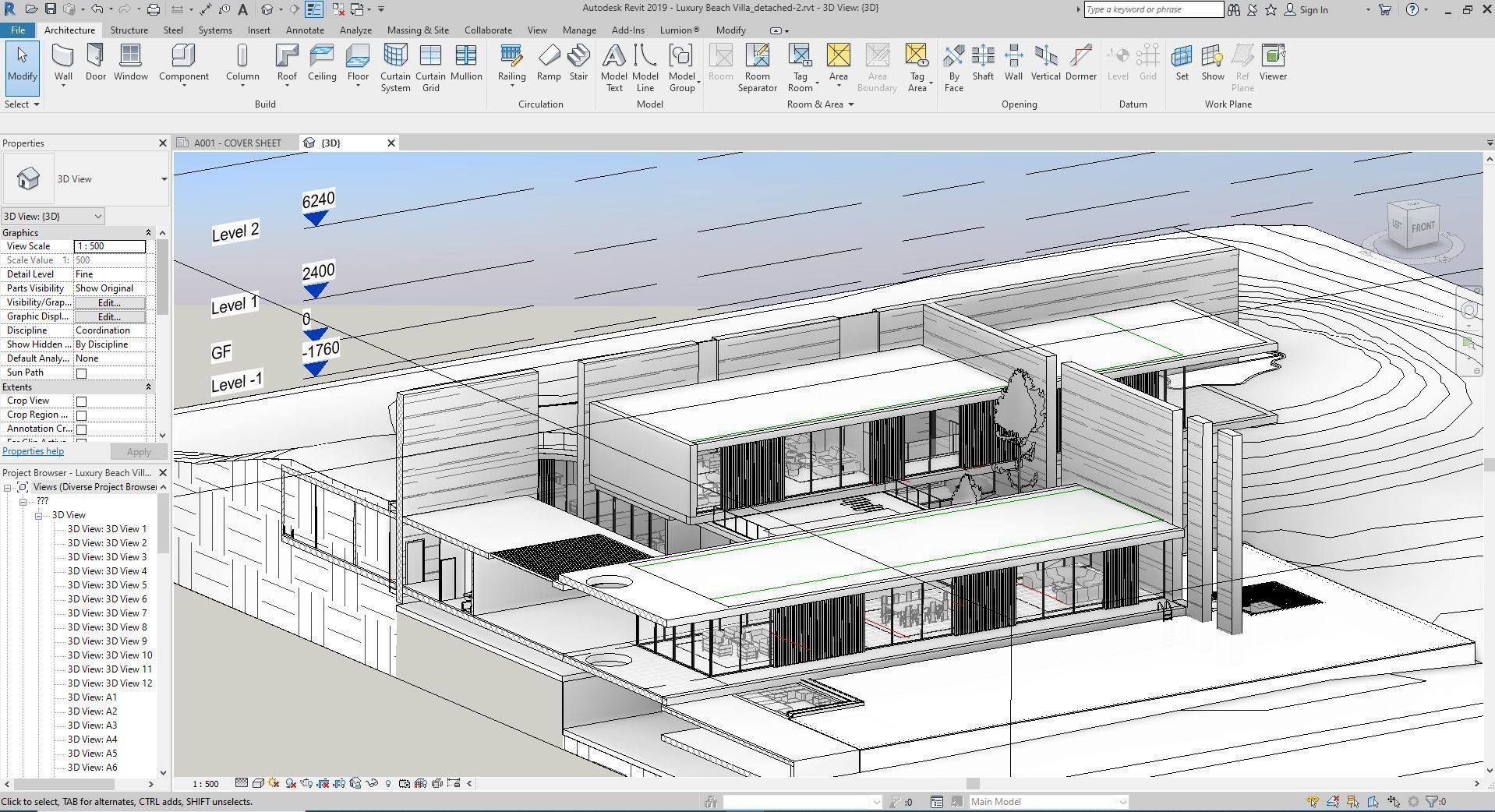 Modern beach house with interior and 3d grass 3D model_20