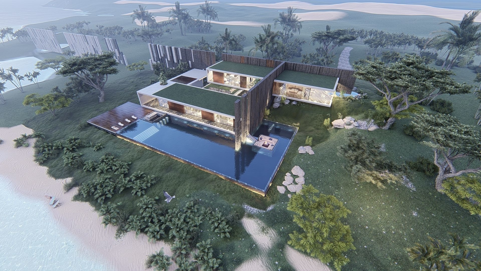 Modern beach house with interior and 3d grass 3D model_26