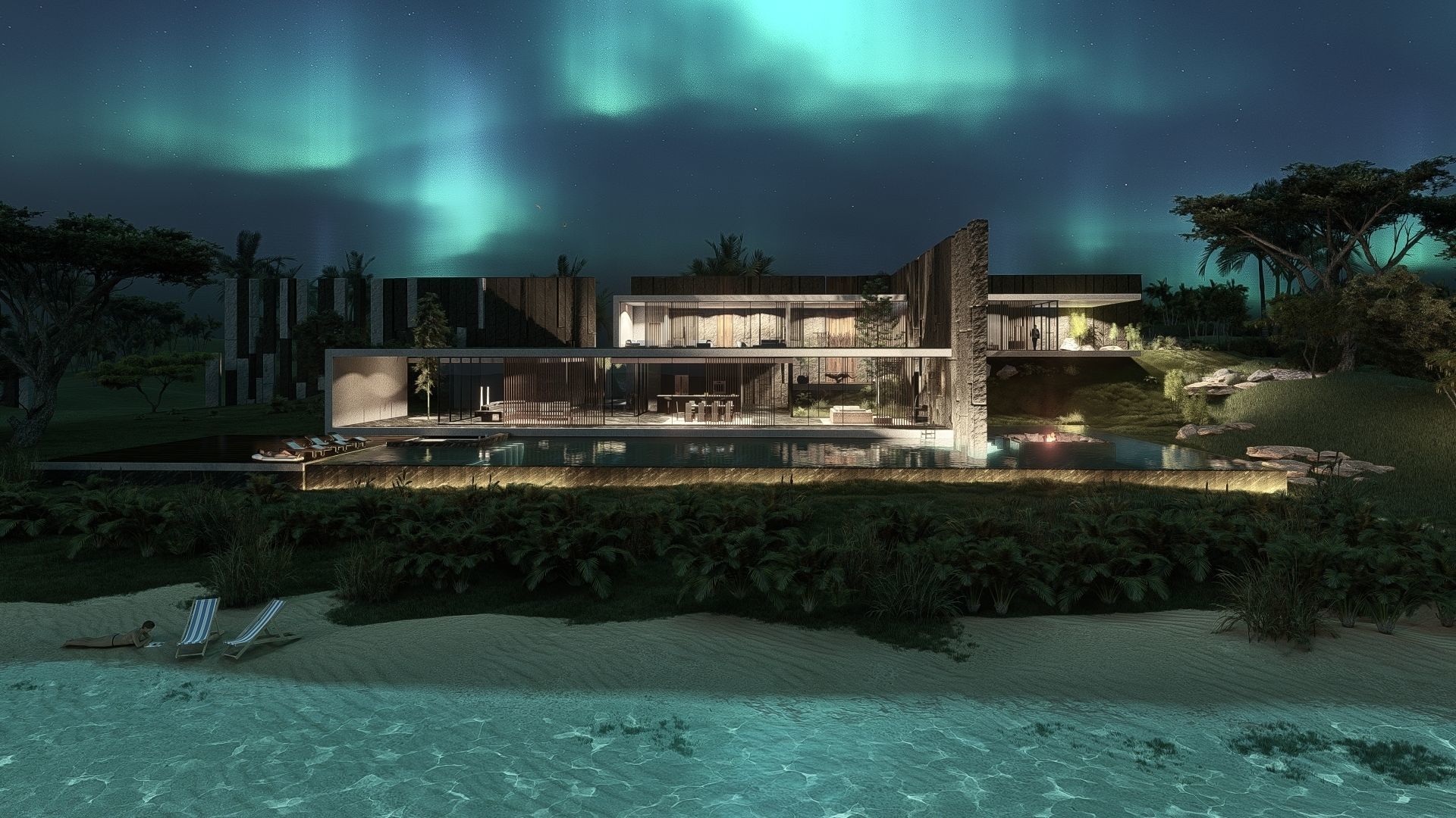 Modern beach house with interior and 3d grass 3D model_1