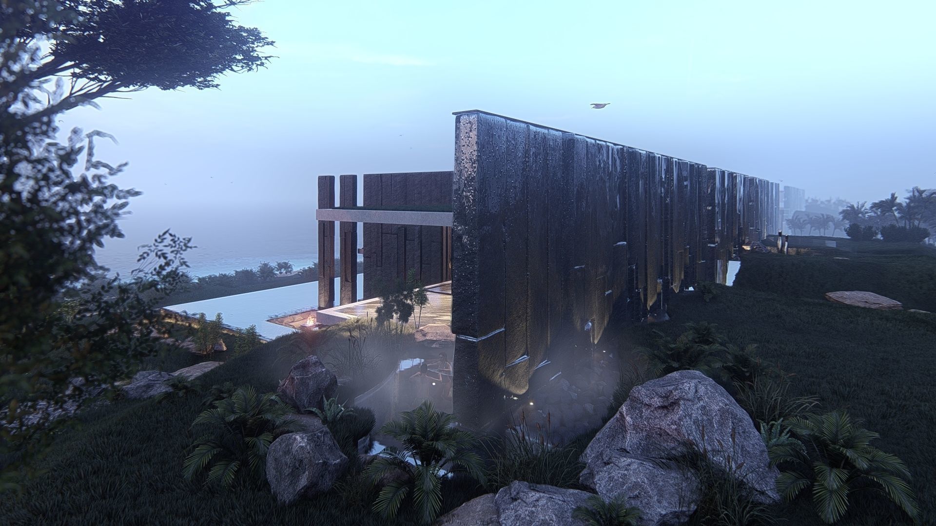 Modern beach house with interior and 3d grass 3D model_18