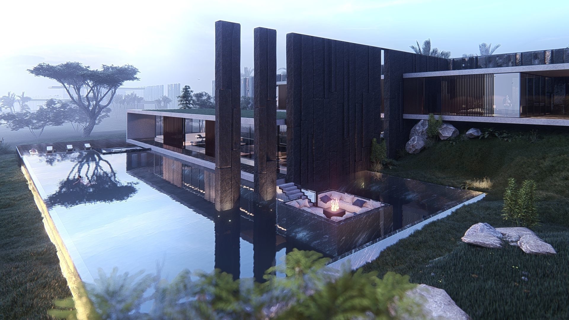 Modern beach house with interior and 3d grass 3D model_19