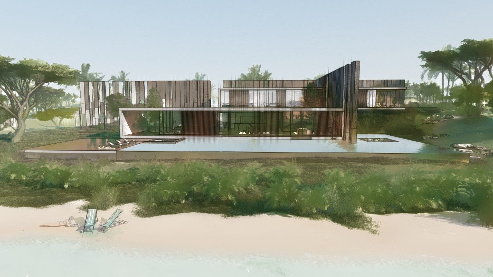 Modern beach house with interior and 3d grass 3D model_12