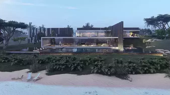 Modern beach house with interior and 3d grass 3D model