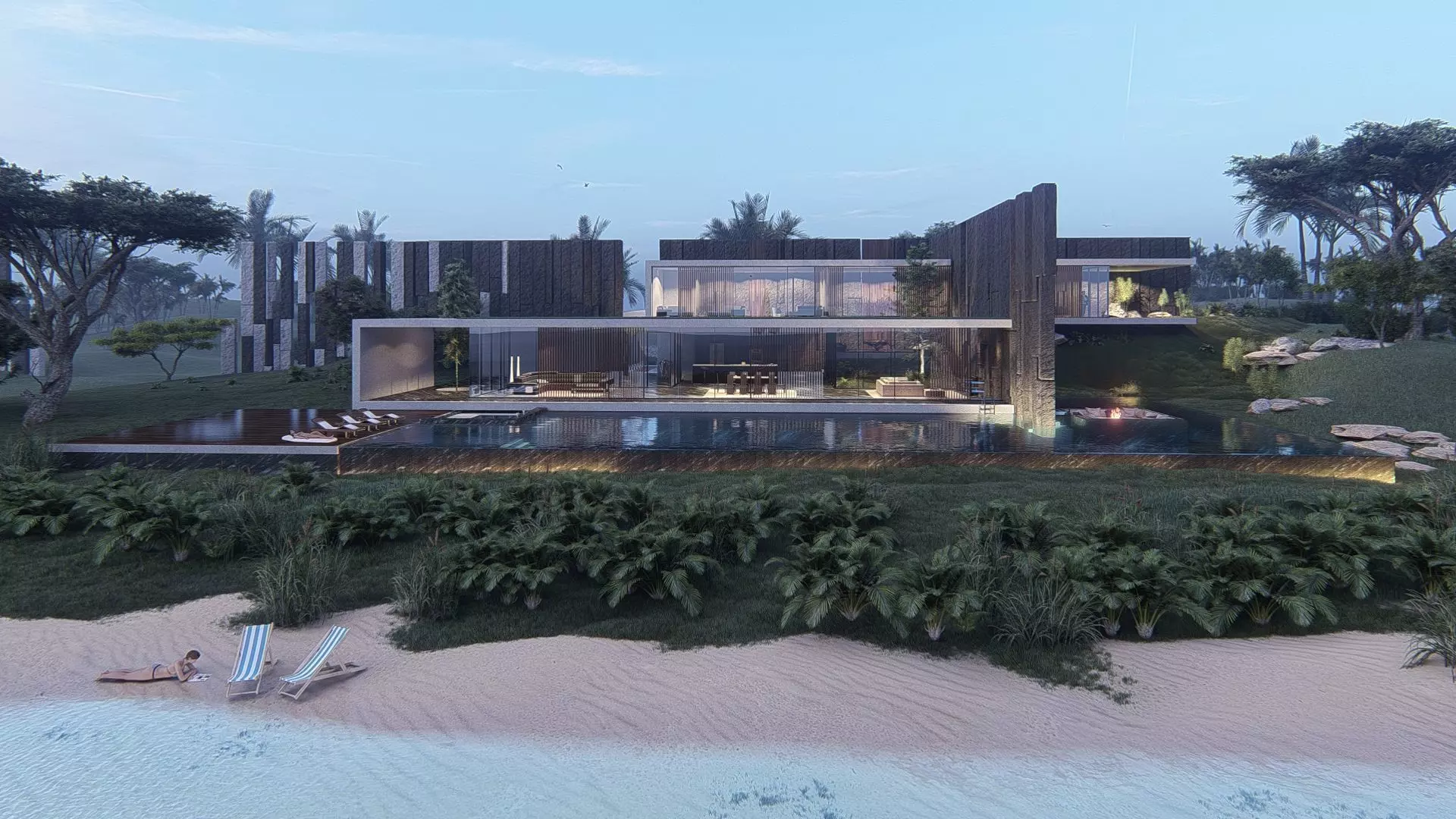 Modern beach house with interior and 3d grass 3D model_0