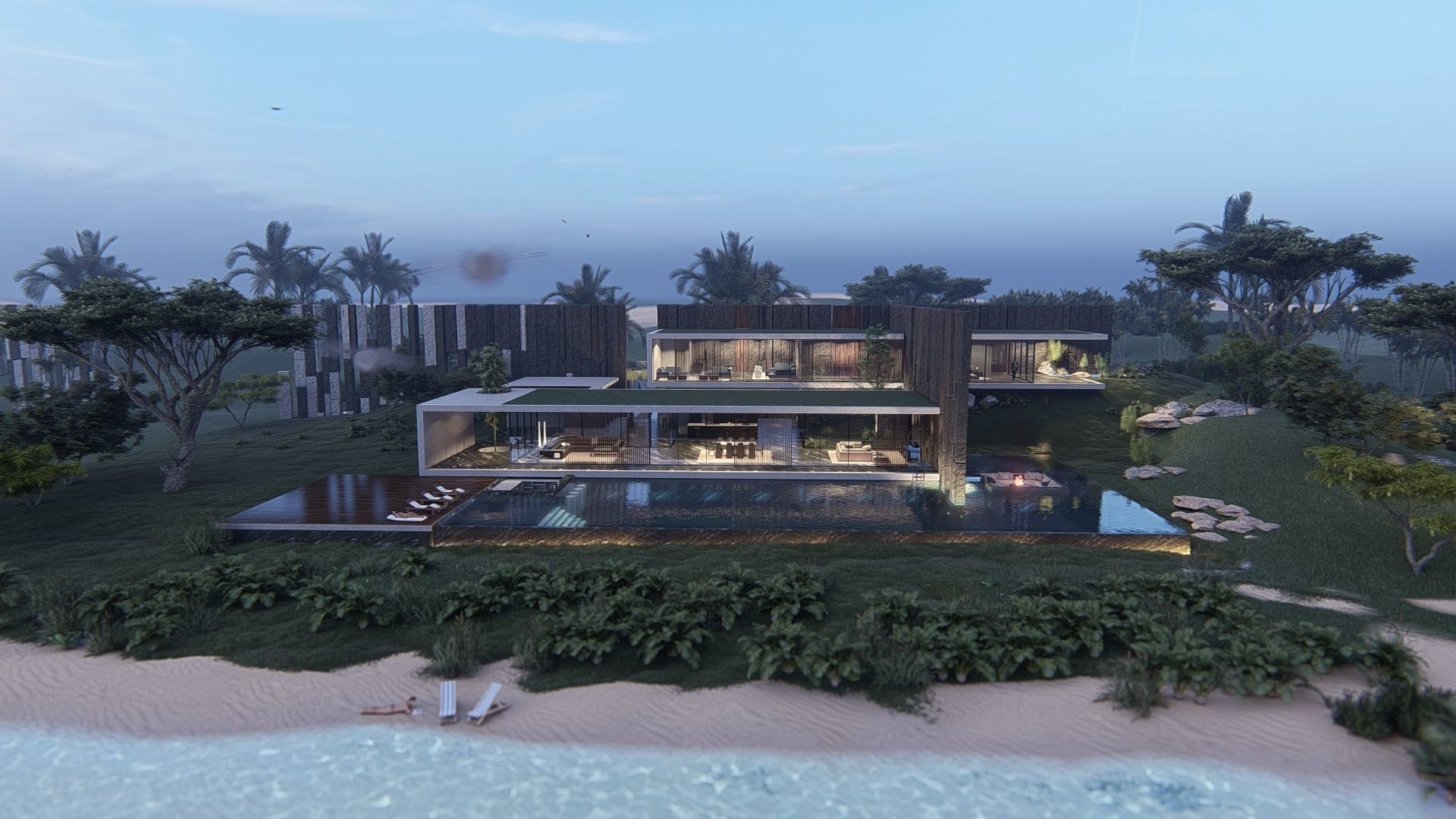 Modern beach house with interior and 3d grass 3D model_11