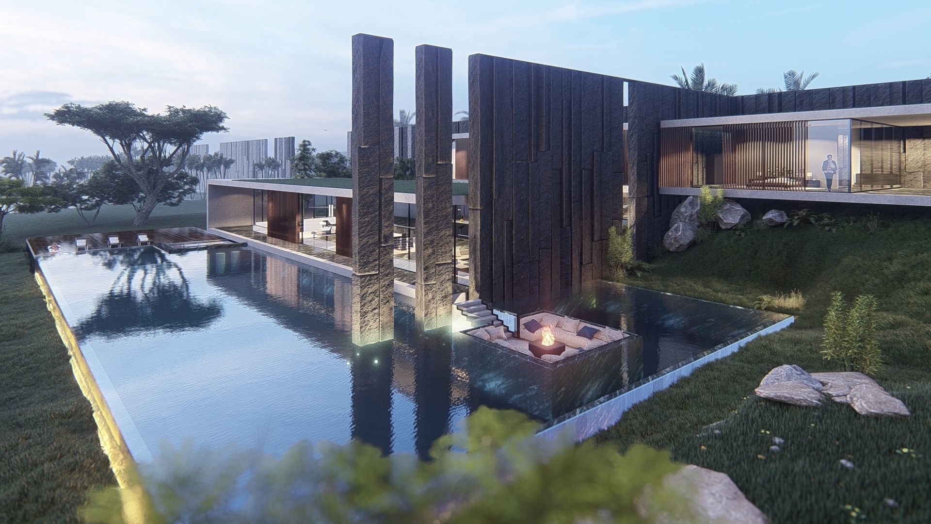 Modern beach house with interior and 3d grass 3D model_16