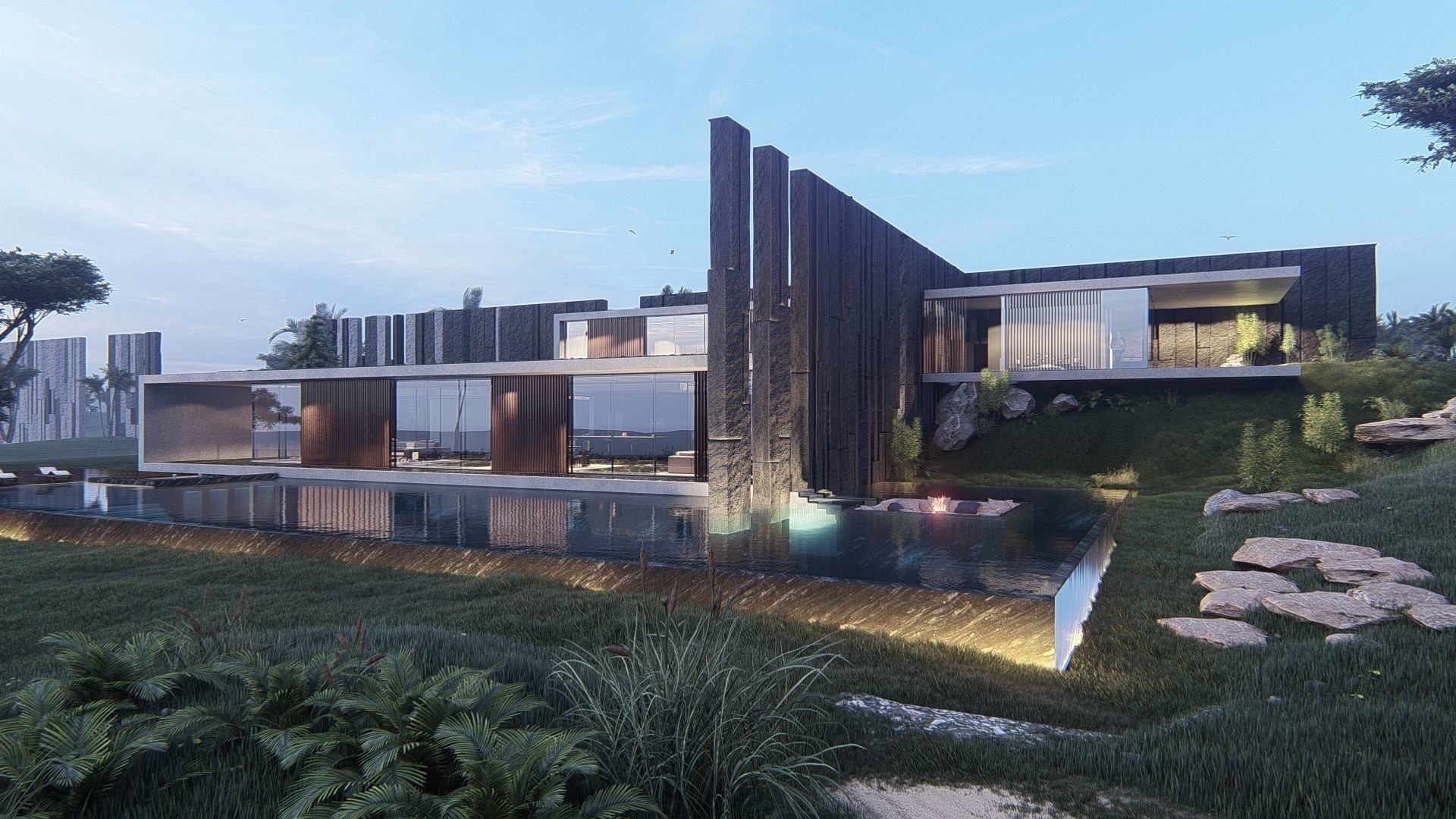 Modern beach house with interior and 3d grass 3D model_15