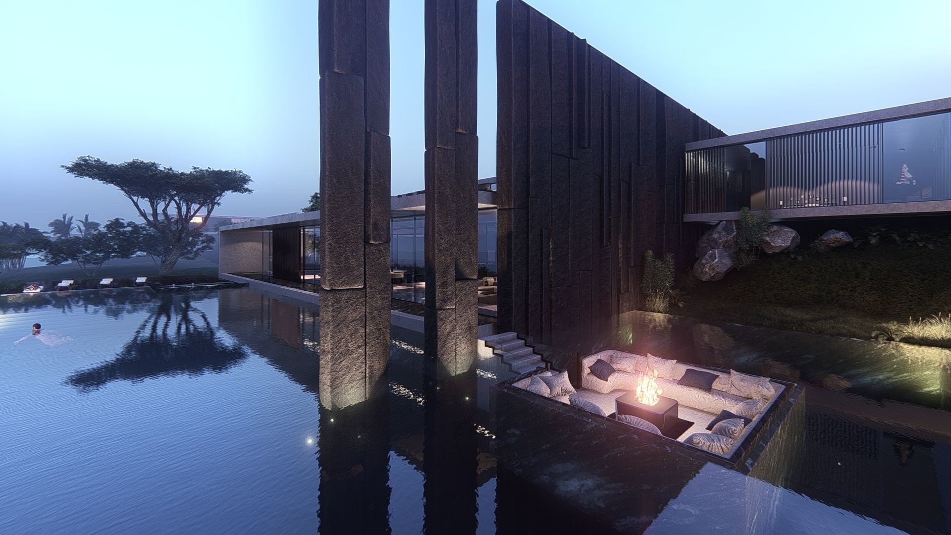 Modern beach house with interior and 3d grass 3D model_2